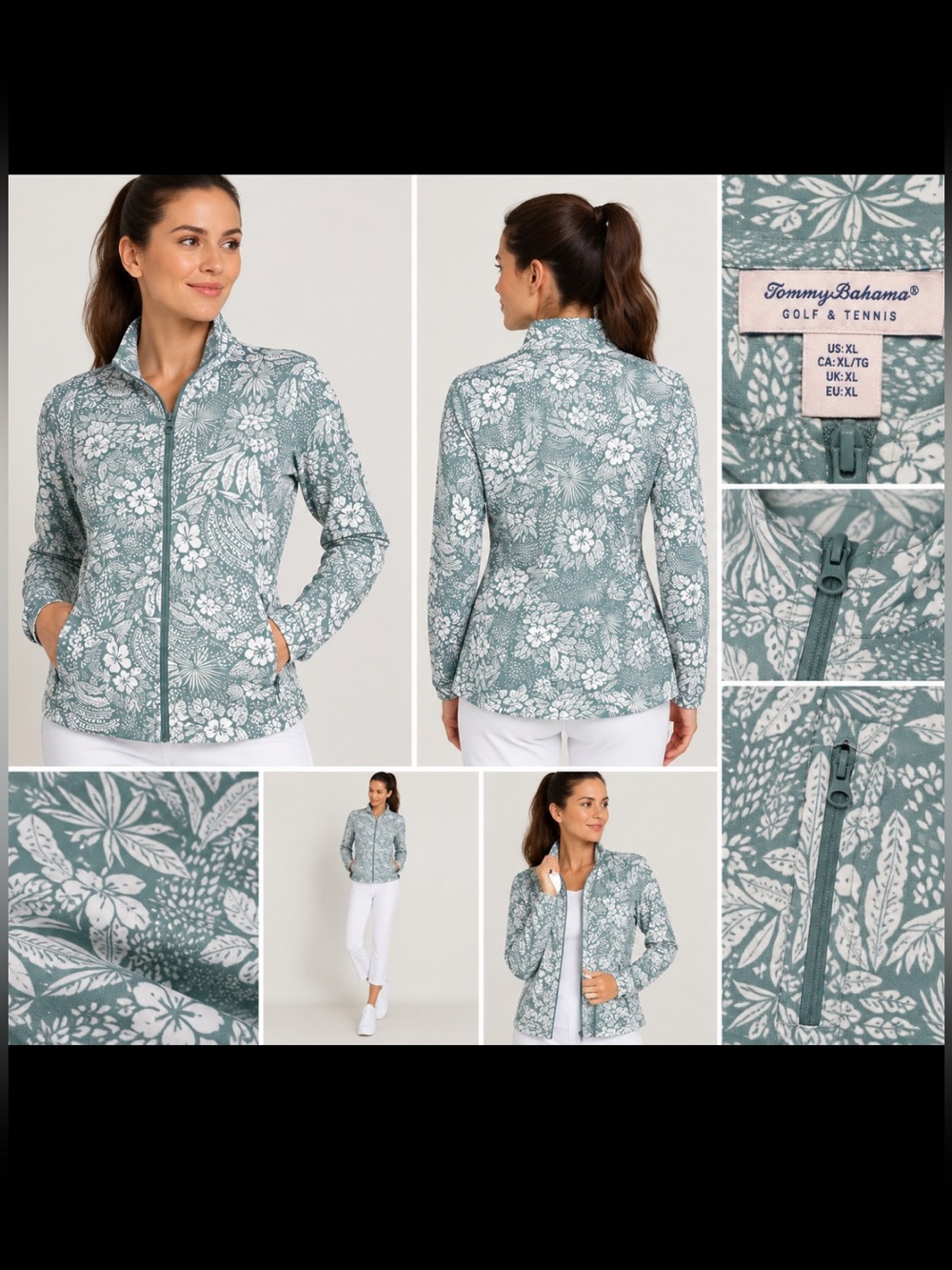 Tommy Bahama Seafoam Green & White Floral Zip Utility Jacket